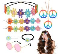 LIUQOBN 9 Pcs Hippie Women Accessories Set,70s Fancy Dress Women Accessories Include Headband,Hair Clip And Hair Tie And Wristband,Pink Round Retro Sunglasses,Peace Sign Necklace And Earrings