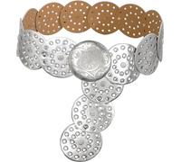 Liutufy Wide Disc Belt for Women Vintage Hollow Boho Leather Belt Western Chunky Waist Belt Cowboy Metal Buckle Concho Belts (Silver -S)