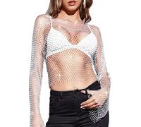 Liutufy Women's Long Sleeve Rhinestone Mesh Top - Stylish See-Through Beach Swimwear Bikini Coverups (White)