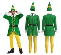 LIUWAZJ Adult Christmas Elfs Costume, Santa Claus Buddy Costume, Cute Christmas Green And Yellow Elf Set, Xmas Cosplay Outfits for Men (M)
