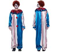 LIUWAZJ Adult Evil Clown Costume, Mens Halloween Horror Jumpsuit with Ruffle Collar Pom Pom, Scary Circus Clown Outfit, Stripe Blue Onesie for Halloween Carnival Party Cosplay Fancy Dress