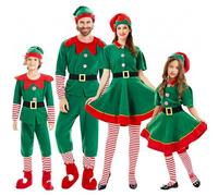 LIUWAZJ Christmas Elf Costume for Family, Christmas Costume Fancy Dress, Red Green Dress Pants over the Kneel with Hat Belt and Socks, Xmas Santa Helper Outfits for Women Kids Men Adult (Girl 130cm)