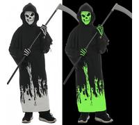 LIUWAZJ Glow In The Dark Grim Reaper Costume for Kids, Halloween Boys Girls Skeleton Costume Luminous Scary Cosplay Robe, Gloves and Scythe Outfits (M)