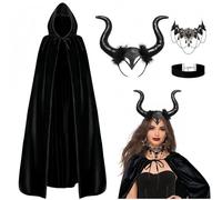 LIUWAZJ Halloween Devil Black Hooded Cape with Long Horn Headband, Lace Necklace, Black Choker Set, Evil Queen Halloween Costumes for Women Cosplay Accessories