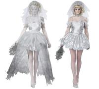 LIUWAZJ Zombie Bride Costume - White Dress, Veil and Lace Choker for Halloween Fancy Dress - Gothic Ghost Devil Vampire Cosplay Outfit (L)