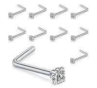 Liuxn 10 Piece Curved Nose Stud Steel Nose Ring Cubic Zirconia L Bend Bar Piercing Jewelry, 20 Gauge