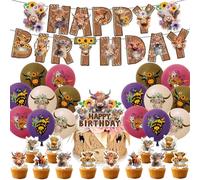 LIUYALA Highland Cow Birthday Decorations, Includes Banner, Latex Balloons, Cake & Cupcake Toppers, 30 Pieces