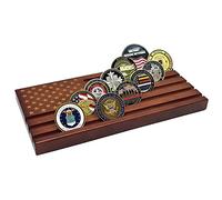LIUYALO Challenge Coin Display Stand for Veterans, Solid Wood Military Coin Holder Rack with American Flag Design, 6 Row Desktop Display Shelf for Army Navy Air Force Coins & Veteran Gifts(Brown)