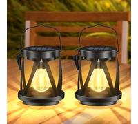 Liuyife Metal Solar Lantern Waterproof IP65, Auto On Off 2 Pack Hanging Lanterns with Bulbs, Outdoor LED Solar Garden Lights for Patio Decoration Lawn Table Fence Ornaments