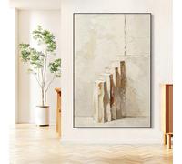 LIUYUYOUGO 100% Hand-Painted Abstract Staircase Oil Painting Textured Beige Brown Architectural Canvas Wall Art Modern Minimalist Wabi Sabi Canvas Artwork for Living Room Office 90 × 130 Cm(35.4