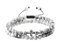 LIUYUYOUGO 2Pcs Christian Bracelet For Me Natural Stone Hematite Charm Beaded Bracelets Faith Yoga Pray Meditation Protection Bangle Handmade Braided Jewelry Gift White Howlite