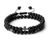 LIUYUYOUGO 2Pcs Christian Bracelet For Me Natural Stone Hematite Charm Beaded Bracelets Faith Yoga Pray Meditation Protection Bangle Handmade Braided Jewelry Gift Black Onyx