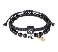 LIUYUYOUGO 2Pcs Hand Braided Zodiac Bracelets Natural Gemstone Black Agate Star Sign Crystal Bracelet Black And White Charm Couple Friendship Wristband Women Men Jewelry Gift Leo