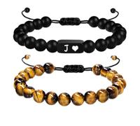 LIUYUYOUGO 2Pcs Initial Beaded Bracelets For Women Men Engraved A-Z Letter Couple Bracelet Natural Stone Tiger Eye Frosted Obsidian Beads Bangle Handmade Braided Jewelry Gift Letter J