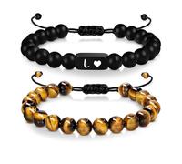 LIUYUYOUGO 2Pcs Initial Beaded Bracelets For Women Men Engraved A-Z Letter Couple Bracelet Natural Stone Tiger Eye Frosted Obsidian Beads Bangle Handmade Braided Jewelry Gift Letter L