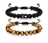 LIUYUYOUGO 2Pcs Initial Beaded Bracelets For Women Men Engraved A-Z Letter Couple Bracelet Natural Stone Tiger Eye Frosted Obsidian Beads Bangle Handmade Braided Jewelry Gift Letter U