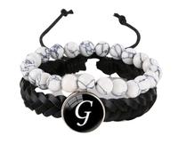 LIUYUYOUGO 2Pcs Mens Leather Bracelet Initial Beads Natural Stone White Turquoise Beaded Bracelets Lady Letters A-Z Charm Bangle Double Layer Braided Cuff Wristband Jewelry Letter G
