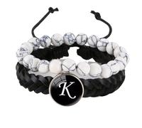 LIUYUYOUGO 2Pcs Mens Leather Bracelet Initial Beads Natural Stone White Turquoise Beaded Bracelets Lady Letters A-Z Charm Bangle Double Layer Braided Cuff Wristband Jewelry Letter K