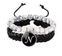 LIUYUYOUGO 2Pcs Mens Leather Bracelet Initial Beads Natural Stone White Turquoise Beaded Bracelets Lady Letters A-Z Charm Bangle Double Layer Braided Cuff Wristband Jewelry Letter N
