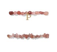 LIUYUYOUGO 2Pcs Strawberry Crystal Bracelet For Women Irregular Crystal Chip Bracelet Set Wtih Initial A-Z Letter Charm Beaded Stretch Bangle Fashion Gemstone Jewelry Gift Letter P