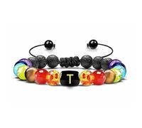 LIUYUYOUGO 7 Chakra Crystal Gemstone Bracelet Natural Black Lava Stone Essentail Oil Diffuser Bracelets Initial Beaded Bangle With A-Z Letter Jewelry For Men Women Gifts Letter T