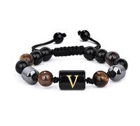 LIUYUYOUGO 8Mm Mens Beaded Bracelets With Initial Triple Layer Natural Stone Tiger Eye Black Obsidian Hematite Beads Bracelet With A-Z Letter Vintage Handmade Braided Bangle Aletter V
