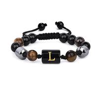 LIUYUYOUGO 8Mm Mens Beaded Bracelets With Initial Triple Layer Natural Stone Tiger Eye Black Obsidian Hematite Beads Bracelet With A-Z Letter Vintage Handmade Braided Bangle Aletter L