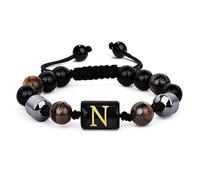 LIUYUYOUGO 8Mm Mens Beaded Bracelets With Initial Triple Layer Natural Stone Tiger Eye Black Obsidian Hematite Beads Bracelet With A-Z Letter Vintage Handmade Braided Bangle Aletter N