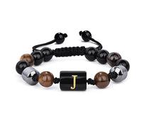LIUYUYOUGO 8Mm Mens Beaded Bracelets With Initial Triple Layer Natural Stone Tiger Eye Black Obsidian Hematite Beads Bracelet With A-Z Letter Vintage Handmade Braided Bangle Aletter J