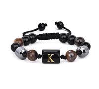 LIUYUYOUGO 8Mm Mens Beaded Bracelets With Initial Triple Layer Natural Stone Tiger Eye Black Obsidian Hematite Beads Bracelet With A-Z Letter Vintage Handmade Braided Bangle Aletter K