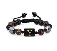 LIUYUYOUGO 8Mm Mens Beaded Bracelets With Initial Triple Layer Natural Stone Tiger Eye Black Obsidian Hematite Beads Bracelet With A-Z Letter Vintage Handmade Braided Bangle Aletter Y