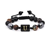 LIUYUYOUGO 8Mm Mens Beaded Bracelets With Initial Triple Layer Natural Stone Tiger Eye Black Obsidian Hematite Beads Bracelet With A-Z Letter Vintage Handmade Braided Bangle Aletter U