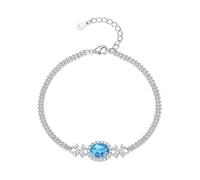 LIUYUYOUGO 925 Sterling Silver And Natural Gemstone Bracelet Inlay Faceted Oval Birthstone Bangle With Shiny Micro Hemmed Cubic Zirconia Layered Beads Link Wristbands Jewellery Dec - Blue Topaz