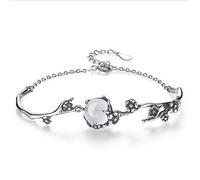 LIUYUYOUGO 925 Sterling Silver Moonstone Bracelet Vintage Distressed Plum Flower Branches Chain Linked Bracelets Natural Stone Round Beads Charm Crystal Bangle Jewelry For Women