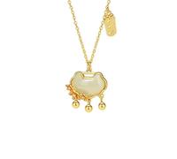 LIUYUYOUGO 925 Sterling Silver Necklace And Bracelet Set For Women Chinese Style Jade Auspicious Padlock Pendant Jewellery Sets Pink Stone Beaded Bangle Golden Ethnic Jewelry Necklace