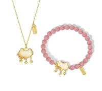 LIUYUYOUGO 925 Sterling Silver Necklace And Bracelet Set For Women Chinese Style Jade Auspicious Padlock Pendant Jewellery Sets Pink Stone Beaded Bangle Golden Ethnic Jewelry 2Pcs Set