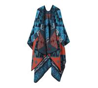 LIUYUYOUGO Aztec Poncho Women Reversible Oversized Shawl Wrap Soft Faux Cashmere Knitted Cape Ethnic Pattern Print Ruana Cape Open Front Cardigan Fall Winter Scarf Coat Lake Blue