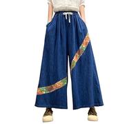 LIUYUYOUGO Baggy Jeans Women Elastic Waist Extra Wide Leg Denim Pants Oversized Patchwork Floral Patches Palazzo Trousers Vintage Washed Cropped Jeans Skirts Culottes Bottom Orange L
