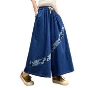 LIUYUYOUGO Baggy Jeans Women Elastic Waist Extra Wide Leg Denim Pants Oversized Patchwork Floral Patches Palazzo Trousers Vintage Washed Cropped Jeans Skirts Culottes Bottom Navy Blue XL