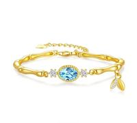 LIUYUYOUGO Bamboo Bangle Gold For Women 925 Sterling Silver Birthstone Bracelet Inlay Facted Oval Natural Stone Love Knot Bracelets With Shiny Crystal Ethnic Eternity Jewellery Dec - Blue Topaz
