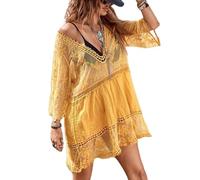 LIUYUYOUGO Beach Cover Up,Womens Beach Dresses Crochet Lace Bikini Cover Up Beachwear V Neck Hollow Out Floral Bikini Swimsuit Beach Blouses Boho 3/4 Sleeve See Through Dress For Summer Holiday Yell