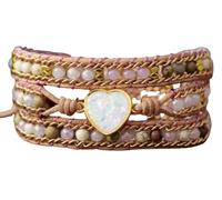 LIUYUYOUGO Boho Handmade Natural Stone Wrap Bracelets For Women Sparkly Heart Opal Crystal Beads Bracelet Layered Leather Friendship Weave Wristband Luxury Statement Jewelry Pink
