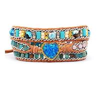LIUYUYOUGO Boho Handmade Natural Stone Wrap Bracelets For Women Sparkly Heart Opal Crystal Beads Bracelet Layered Leather Friendship Weave Wristband Luxury Statement Jewelry Blue