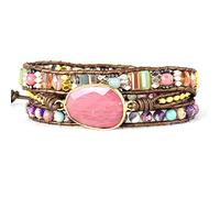 LIUYUYOUGO Boho Natural Stone Bracelet For Women Men Handmade Multilayer Leather Wrap Bangle Pink Rhodonite Crystal Beads Bracelets Vintage Ethnic Cut Gemstones Jewellery Coffee Leather