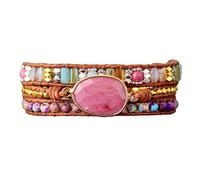 LIUYUYOUGO Boho Natural Stone Bracelet For Women Men Handmade Multilayer Leather Wrap Bangle Pink Rhodonite Crystal Beads Bracelets Vintage Ethnic Cut Gemstones Jewellery Brown Leather