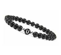 LIUYUYOUGO Bracelet With Letters For Couples A-Z Letter Handmade Natural Gemstone Initial Beaded Bracelet 8Mm Black Frosted Onyx Stretch Crystal Bangle Jewelry For Men Women Letter U