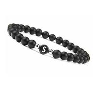 LIUYUYOUGO Bracelet With Letters For Couples A-Z Letter Handmade Natural Gemstone Initial Beaded Bracelet 8Mm Black Frosted Onyx Stretch Crystal Bangle Jewelry For Men Women Letter S