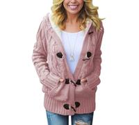 LIUYUYOUGO Chunky Hooded Cardigans for Women,Pink Cable Fleece Lined Knitted Cardigans Open Front Horn Buckle Ladies Sweater Coat Winter Warm Jacket Knitting Jumpers Outerwear,L