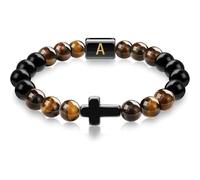 LIUYUYOUGO Cross Bracelet Beaded Men Natural Tiger Eye Obsidian Stone Bracelets Initial A-Z Letter Crystal Stretch Beads Bangle Meditation Prayer Yoga Gemstones Jewelry Gift Letter A