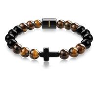 LIUYUYOUGO Cross Bracelet Beaded Men Natural Tiger Eye Obsidian Stone Bracelets Initial A-Z Letter Crystal Stretch Beads Bangle Meditation Prayer Yoga Gemstones Jewelry Gift Letter I